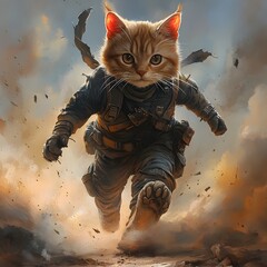 Poster - Cat with a Thanoslike physique red comb and wattles dashes ahead in ripped pants and combat boots dust swirling beneath his feet as he charges through a smoky battlefield
