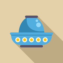 Poster - Futuristic blue alien spaceship hovering, featuring yellow lights and a long shadow against a beige backdrop