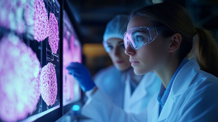 Poster - Innovative technicians analyzing bioprinted cells in lab
