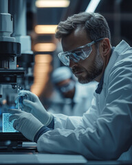 Poster - Laboratory technician examining bioprinted cells under microscope