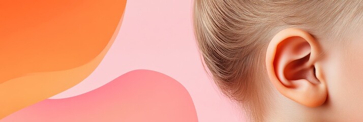 Aufkleber - Healthy ear highlighted against a vibrant, abstract background of flowing pink and orange shapes, emphasizing the significance of hearing and auditory health