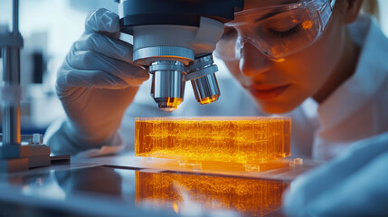 Poster - Close up of technician examining bioprinted cells under microscope