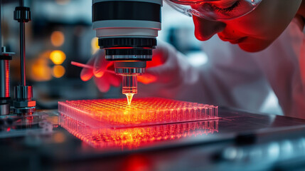 Poster - Close up of technician inspecting bioprinted cells microscope