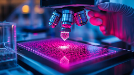 Poster - Close up of technician using microscope on bioprinted cells