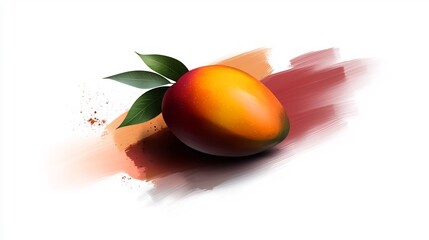 Wall Mural - Ripe Mango with Green Leaves on White Background