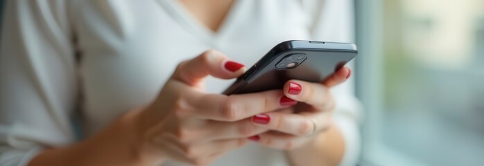 Poster - Businesswoman using smartphone, browsing internet, mobile application, modern technology