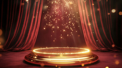 Wall Mural - Illuminated golden podium stands before red velvet drapes. Circular stage glows with spotlight beneath scattering sparkles. Theater setting with maroon curtain backdrop and shimmering light effects.