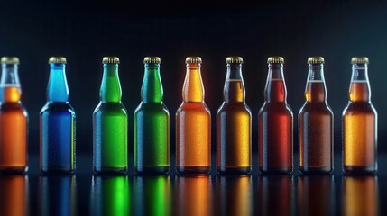 Aufkleber - A cinematic lineup of multicolored beer bottles glowing on a reflective surface