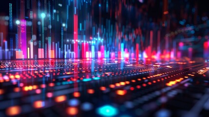 Poster - Colorful peaks and valleys of sound waves create an abstract art piece, illuminated by vibrant lights and digital elements that evoke a sense of energy and movement in a modern environment.