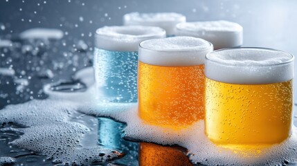 Aufkleber - A close-up of multicolored beer foam bubbling in transparent glasses