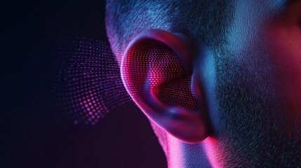 Poster - Digital sound waves, visualized as glowing particles, are entering a human ear, representing the process of hearing and auditory perception in a vibrant and technological style