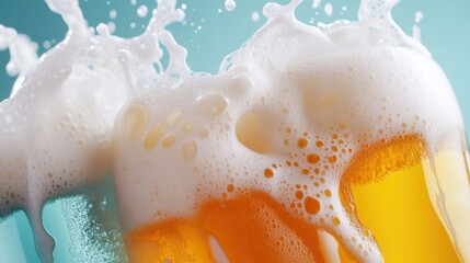 Aufkleber - A dynamic close-up of beer foam cascading in glasses of assorted colors