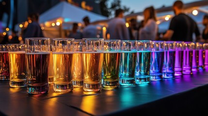 Poster - A dynamic festival beer tent with glowing glasses in various hues