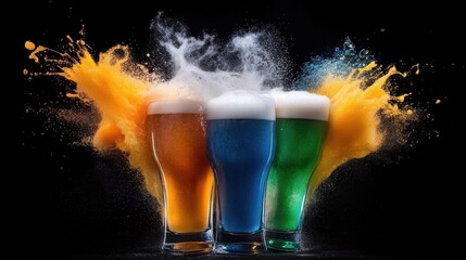 Poster - A dynamic shot of frothy beer glasses clinking, showcasing vibrant hues