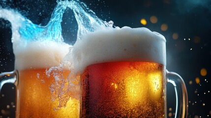 Aufkleber - A dynamic shot of beer pouring into vibrant mugs with glowing foam