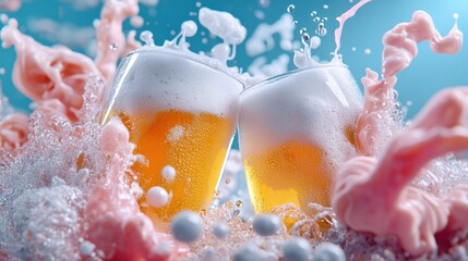 Poster - A dynamic shot of frothy beer glasses clinking, showcasing vibrant hues