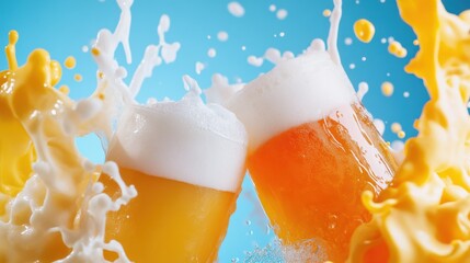 Aufkleber - A dynamic shot of frothy beer glasses clinking, showcasing vibrant hues
