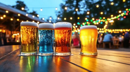 Poster - A festival setup with glowing, vibrant beer glasses on picnic tables