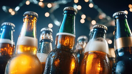 Poster - A festive shot of assorted-colored beer bottles glowing in fairy lights