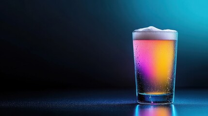 Poster - A frosty beer glass with vibrant shades against a blurred neon background