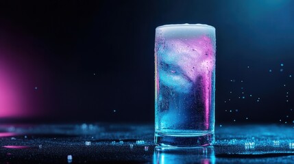 Poster - A frosty beer glass with vibrant shades against a blurred neon background