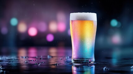 Aufkleber - A frosty beer glass with vibrant shades against a blurred neon background