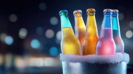 Aufkleber - A frosty bucket filled with glowing, multicolored beer bottles