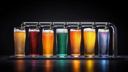 Aufkleber - A glowing beer tap setup pouring assorted-colored beers into glasses