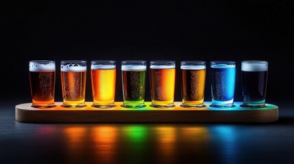 Poster - A glowing flight of beers in assorted colors on a wooden paddle