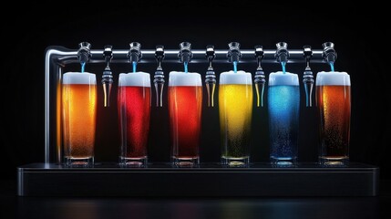 Poster - A glowing beer tap setup pouring assorted-colored beers into glasses