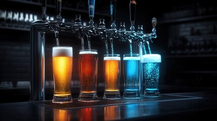 Poster - A glowing beer tap setup pouring assorted-colored beers into glasses