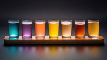 Poster - A glowing flight of beers in assorted colors on a wooden paddle