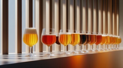 Poster - A minimalist beer glass lineup with glowing brews in soft lighting