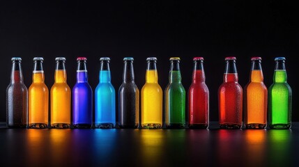 Aufkleber - A lineup of beer bottles in assorted colors glowing under neon lights