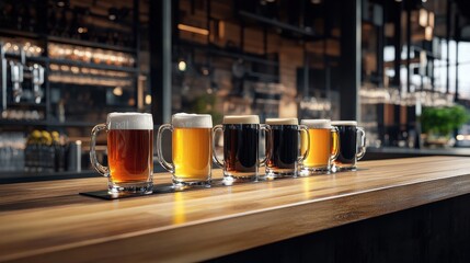 Aufkleber - A set of beer mugs filled with different colored ales on a wooden counter