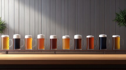 Aufkleber - A set of beer mugs filled with different colored ales on a wooden counter