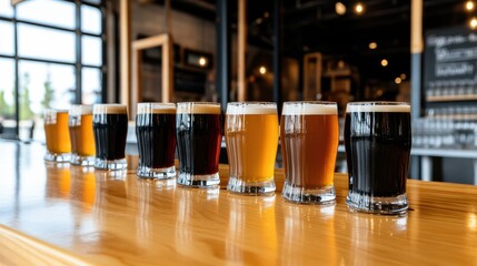 Aufkleber - A set of beer mugs filled with different colored ales on a wooden counter