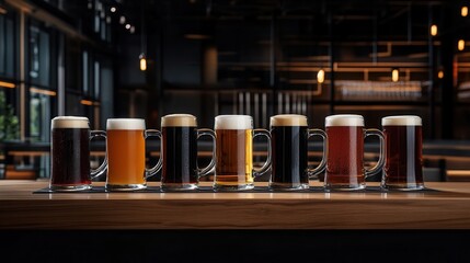 Aufkleber - A set of beer mugs filled with different colored ales on a wooden counter