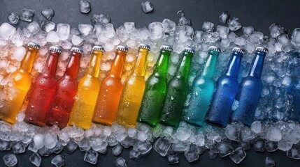 Aufkleber - A top view of a beer cooler filled with rainbow-colored bottles on ice