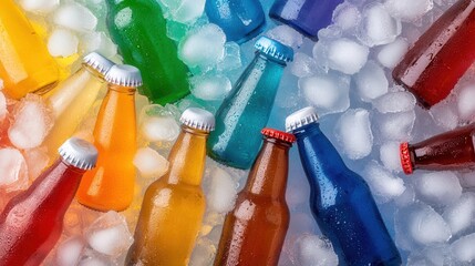 Aufkleber - A top view of a beer cooler filled with rainbow-colored bottles on ice