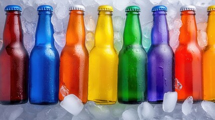 Aufkleber - A top view of a beer cooler filled with rainbow-colored bottles on ice