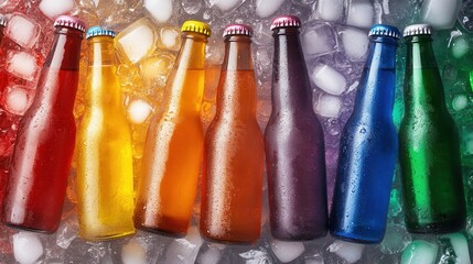 Aufkleber - A top view of a beer cooler filled with rainbow-colored bottles on ice