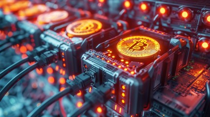 Fototapete - Complex hardware setup features multiple bitcoin mining rigs with illuminated graphics cards and connecting cables, showcasing activity typical of a crypto mining facility.