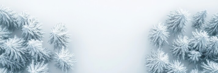 Poster - Aerial view of snow covered fir trees forming a picturesque border on a pristine white background, evoking a sense of tranquility and winter magic, perfect for holiday or nature themed projects
