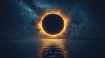 Wall Mural - total solar eclipse rising over the ocean at night with starry sky and milky way galaxy