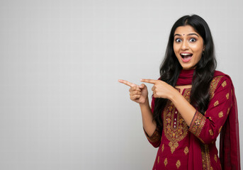 excited indian woman gesturing to the side, ready to share information or announce something in a fu