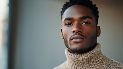 Poster - In a softly lit, minimalist environment, a multiethnic man exudes calmness and strength. His contemplative gaze reflects both confidence and artistry, embodying chic simplicity