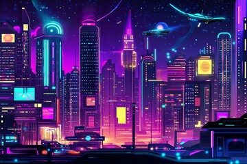 Wall Mural - A futuristic cityscape with neon lights, holographic billboards