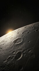 Poster - Sunlight is illuminating craters on mercury surface, creating a dramatic contrast between light and shadow, with a backdrop of distant stars in the vast expanse of space