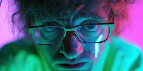 Poster - Close-up Portrait of Man Wearing Glasses Under Neon Lighting